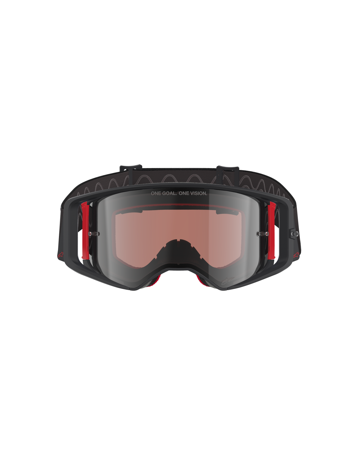 Alpinestars Supertech Corp Goggles Absolute Vision, Motocross Goggles, Black and Red frame with Mirror Silver lens, featuring 'ONE GOAL. ONE VISION.' text on the top frame and red side accents, professional-grade eye protection for motocross