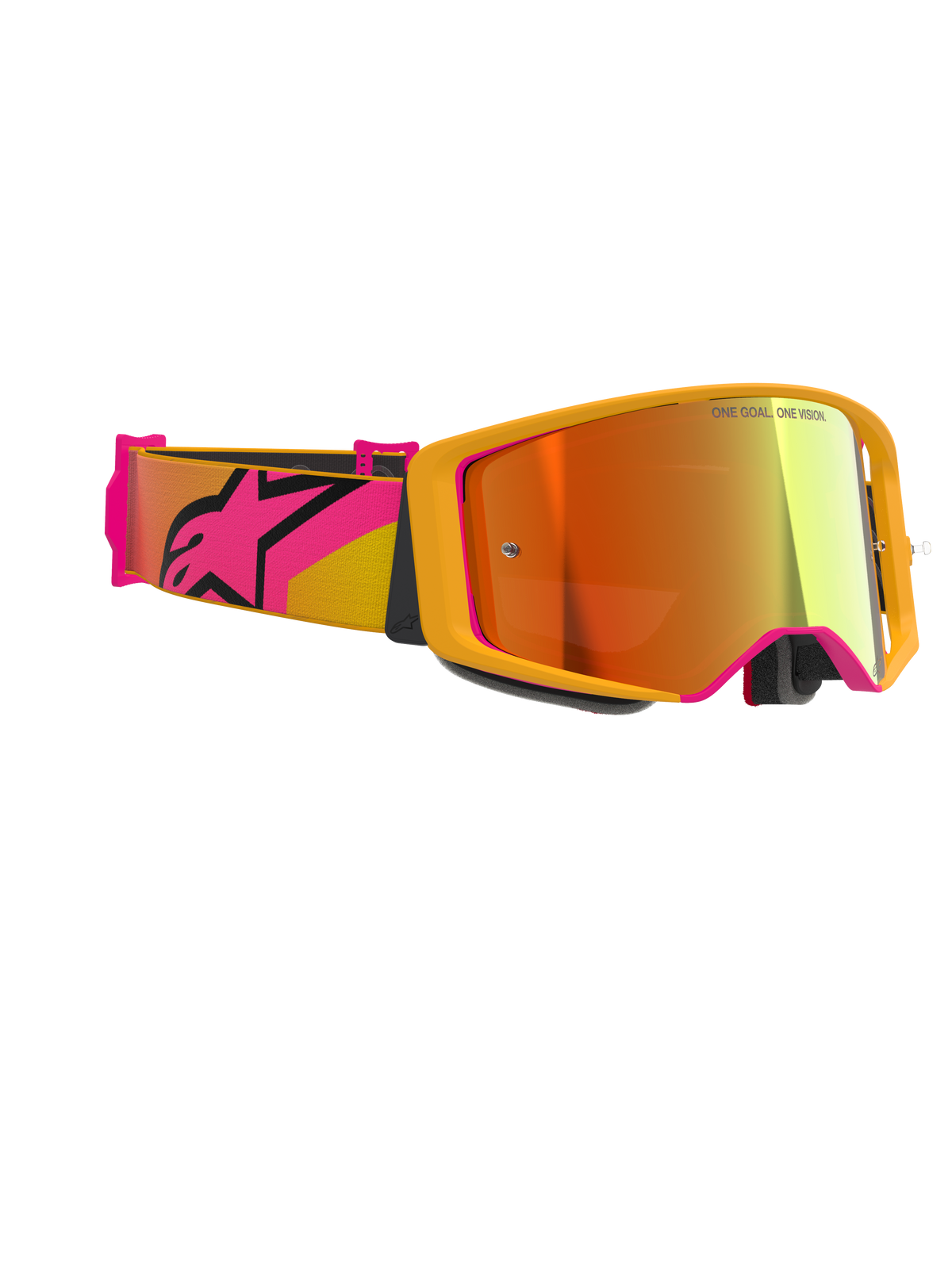 Alpinestars Supertech Corp Goggles Absolute Vision, Motocross Goggles, Yellow with Pink accents and Mirror Red lens, featuring a wide pink and yellow strap with a large Alpinestars logo, 'ONE GOAL. ONE VISION.' printed on the lens, high-performance racing eyewear for off-road use