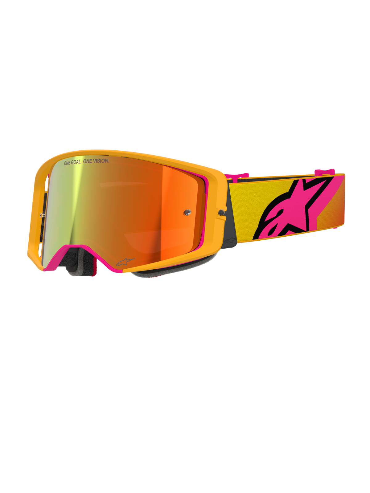 Alpinestars Supertech Corp Goggles Absolute Vision, Motocross Goggles, Yellow and Pink Mirror Red, featuring a bright yellow frame, mirrored lens with orange and red reflections, yellow strap with large pink Alpinestars star logo, professional off-road racing eyewear