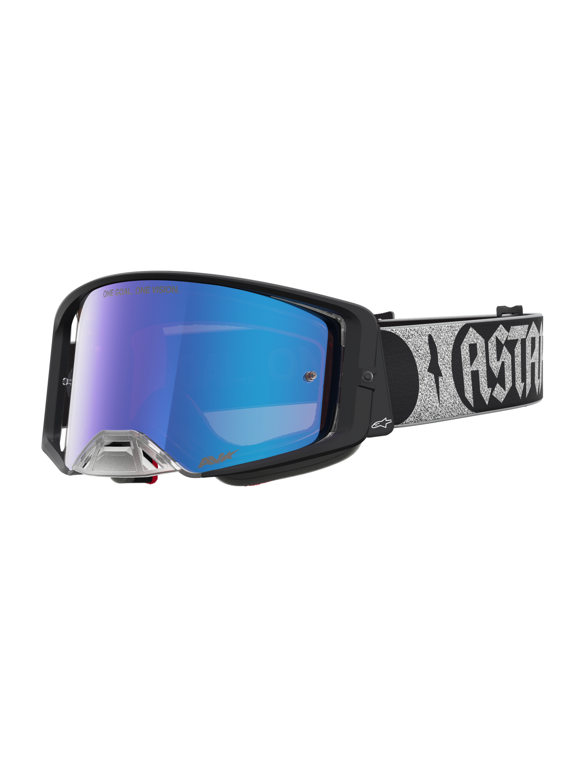 Alpinestars Supertech Atrox Motocross Goggles feature a black frame and blue mirror lens for professional off-road racing.