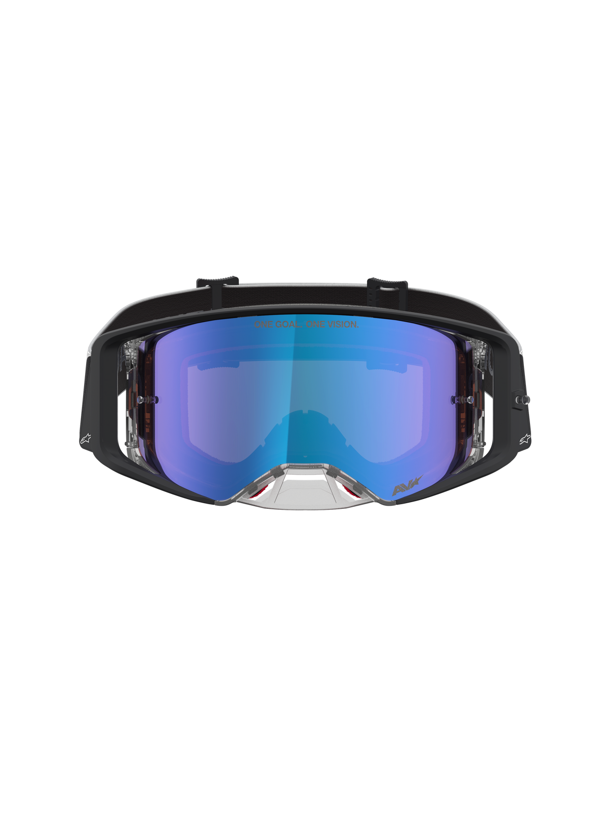 Alpinestars Supertech Atrox Goggles for motocross, featuring a black frame and blue mirrored anti-fog polycarbonate lens.