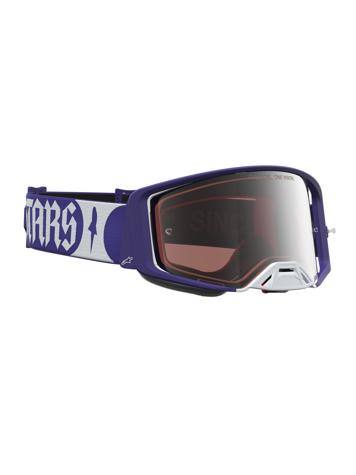 Alpinestars Supertech Atrox Goggles, motocross racing eyewear, deep blue and white with a mirror silver lens.
