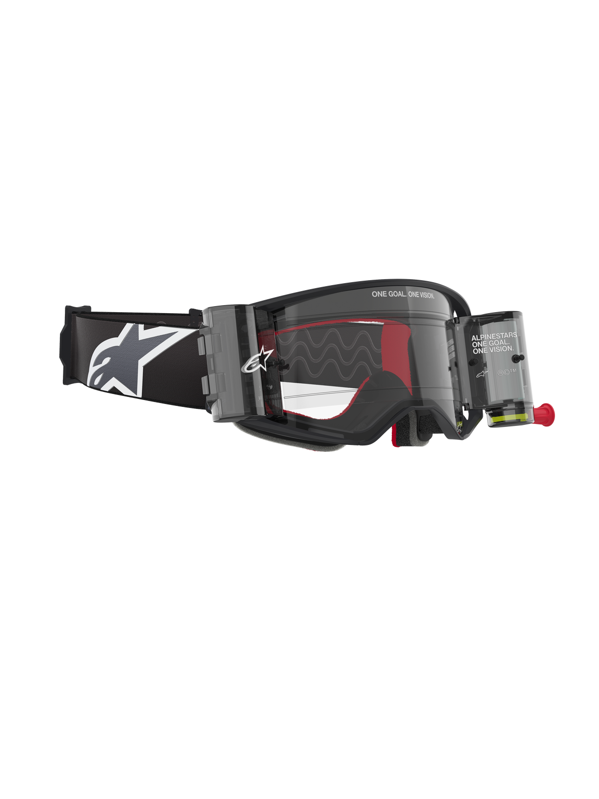 Alpinestars Supertech Corp Goggles Roll Off, Black and Grey, featuring a Wide Vision Roll-Off system with transparent canisters, a clear lens with silicone glide lines, and a wide black strap with the white Astars logo, designed for professional motocross and off-road racing.