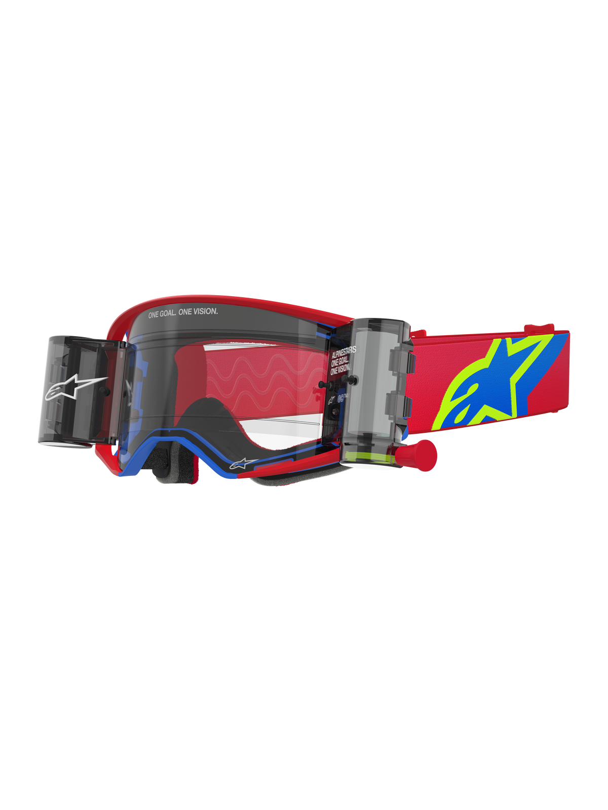 Alpinestars Supertech Corp Goggles Roll Off, Motocross Goggles, Red and Blue with Clear Lens, features integrated Wide Vision Roll-Off system, clear injection-molded lens, red frame with blue accents, wide red strap with blue and yellow star logo, professional off-road racing eye protection