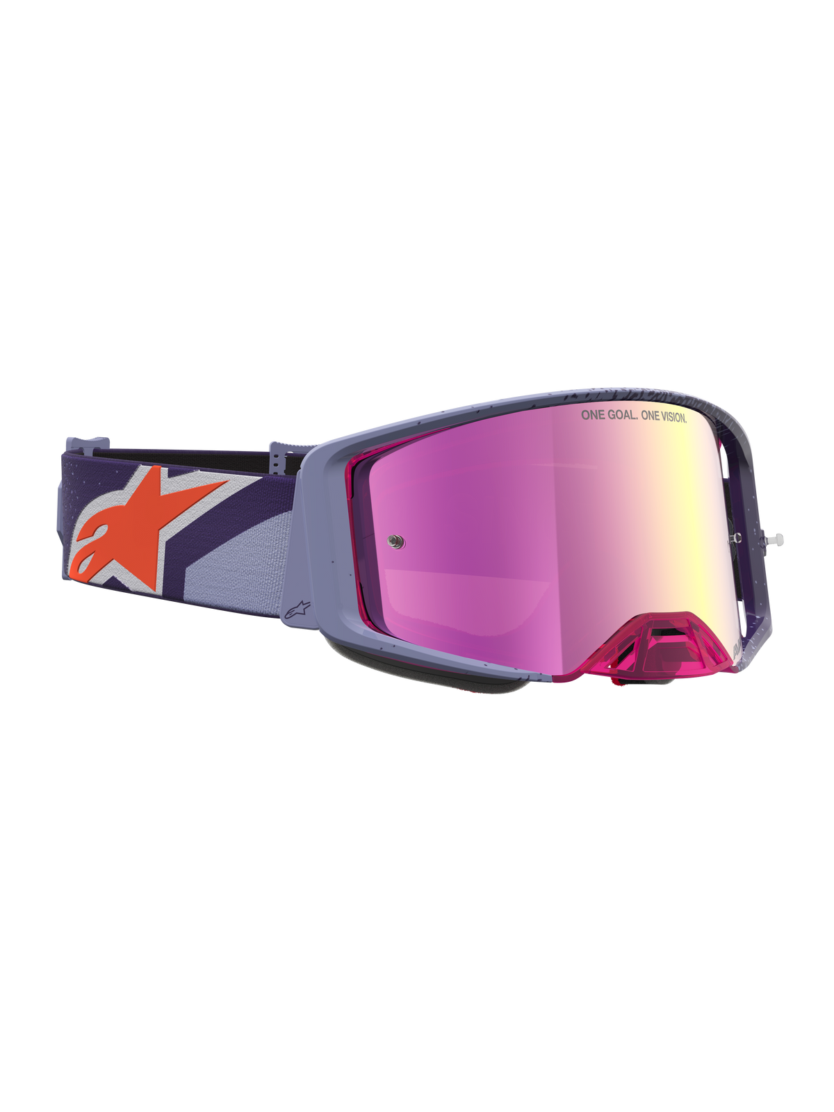 Alpinestars Supertech Hiten Motocross Goggles, purple frame with red mirror pink lens and orange star logo on the strap.