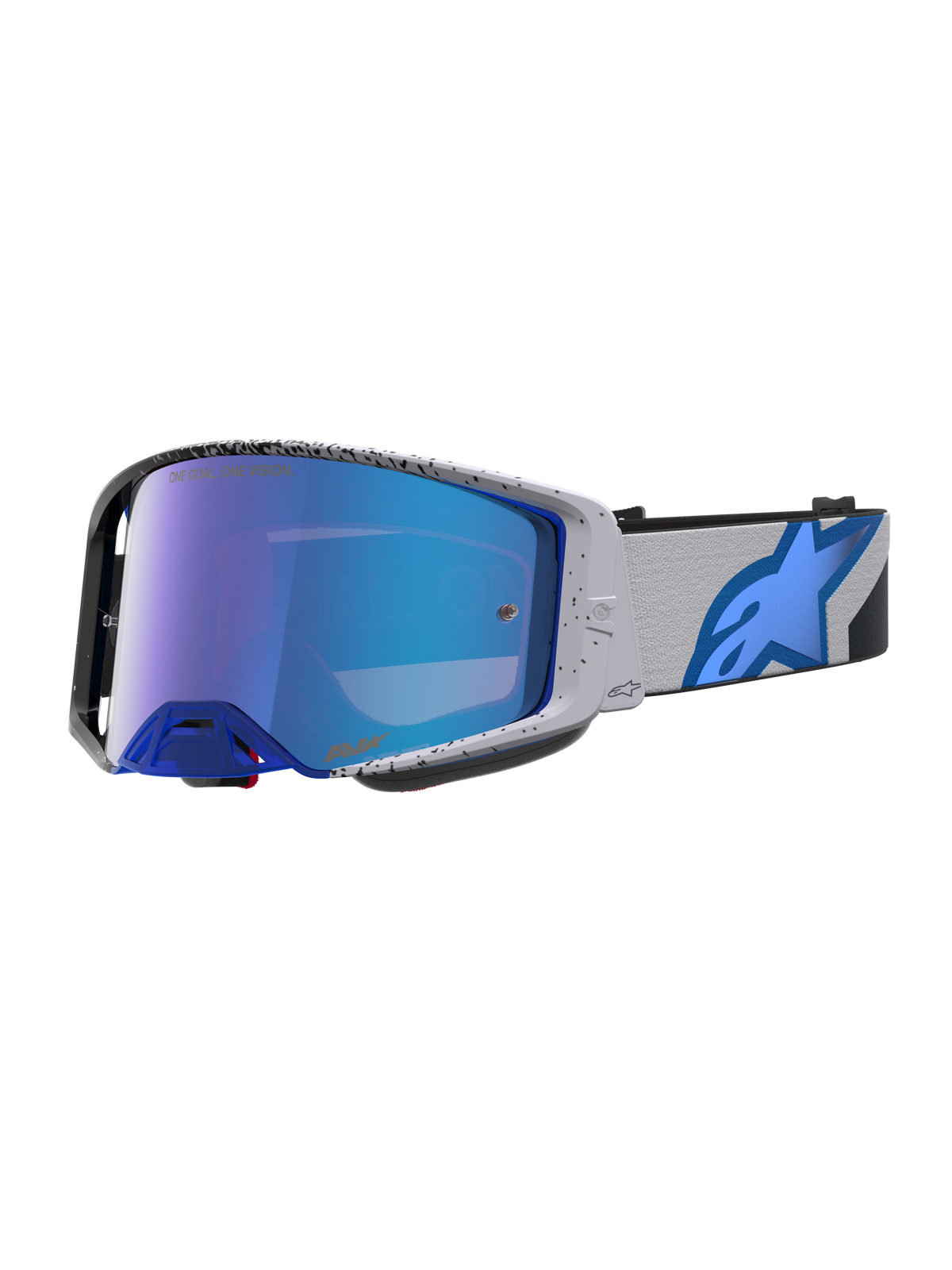 Alpinestars Supertech Hiten Goggles, professional motocross goggles in light grey and blue with a mirror finish lens.