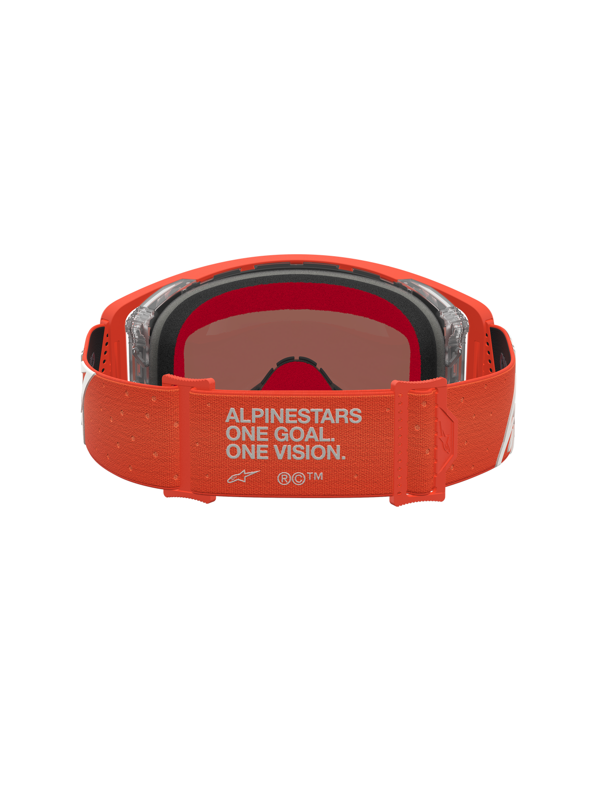 Alpinestars Supertech Vesta Motocross Goggles, Orange with Silver Mirror Lens, back view of the branded adjustable strap.