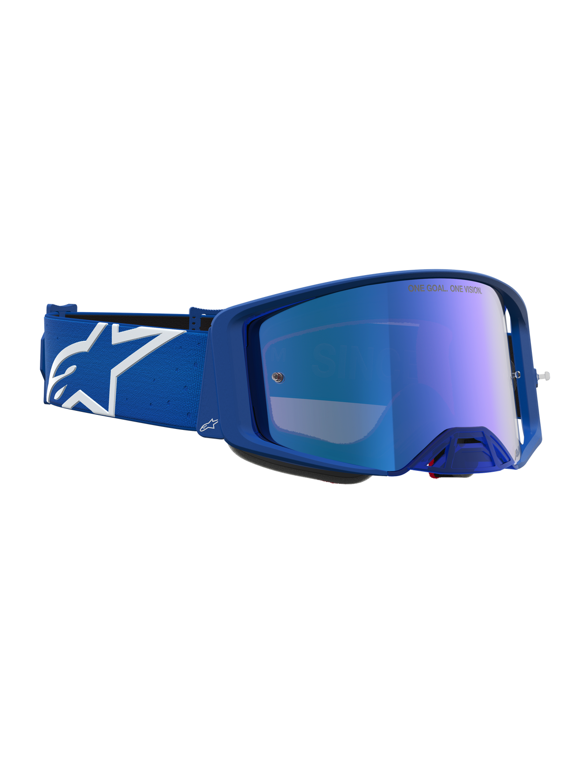 Alpinestars Supertech Vesta Goggles in blue and white, featuring a mirror blue lens for motocross racing.