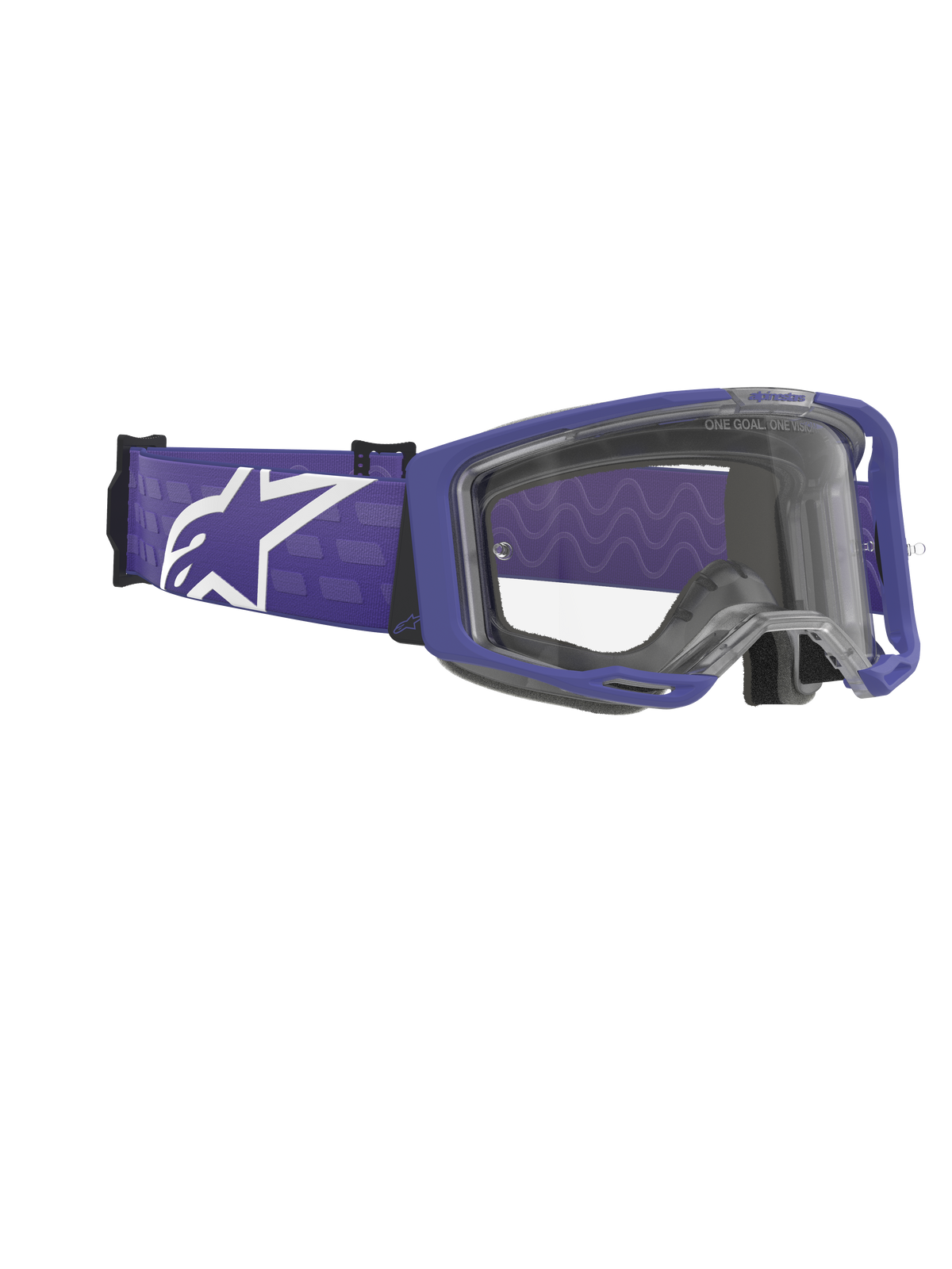 Alpinestars Vision 8 Corp Goggles, Motocross Goggles, Purple and Clear, matte purple frame with a clear lens, wide purple woven strap featuring a large white Alpinestars logo, high-performance off-road eyewear
