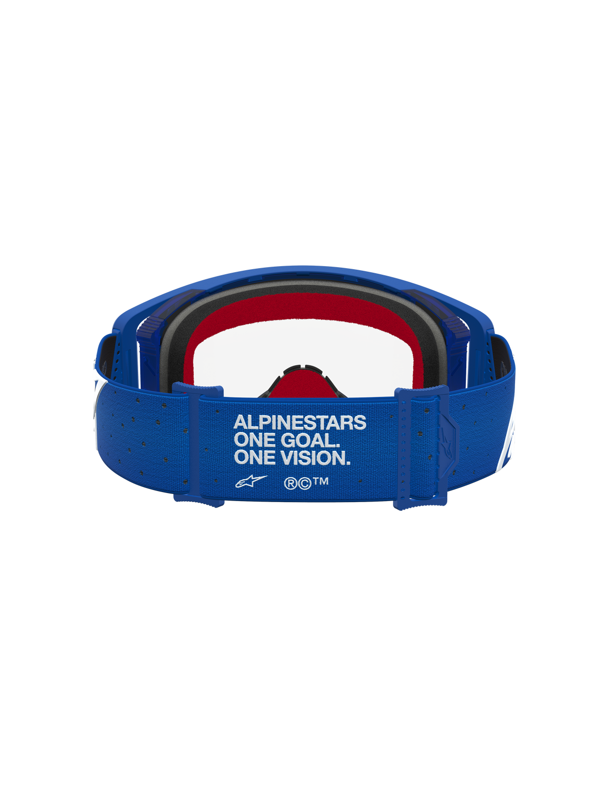 Alpinestars Supertech Vesta Goggles in blue and white, featuring a branded strap and red foam for motocross racing.