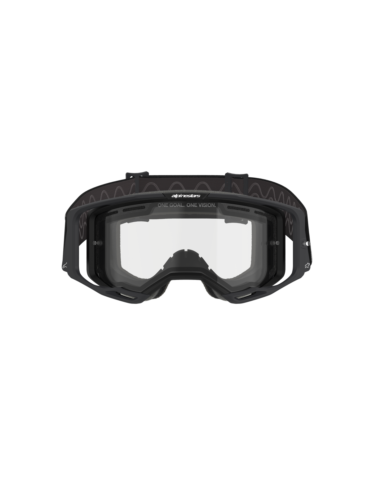 Alpinestars Vision 8 Corp Goggles - Dual Pane, Motocross Goggles, Black frame with Clear dual-pane lens, front view showing outriggers and "ONE GOAL. ONE VISION." branding, technical eye protection for off-road racing