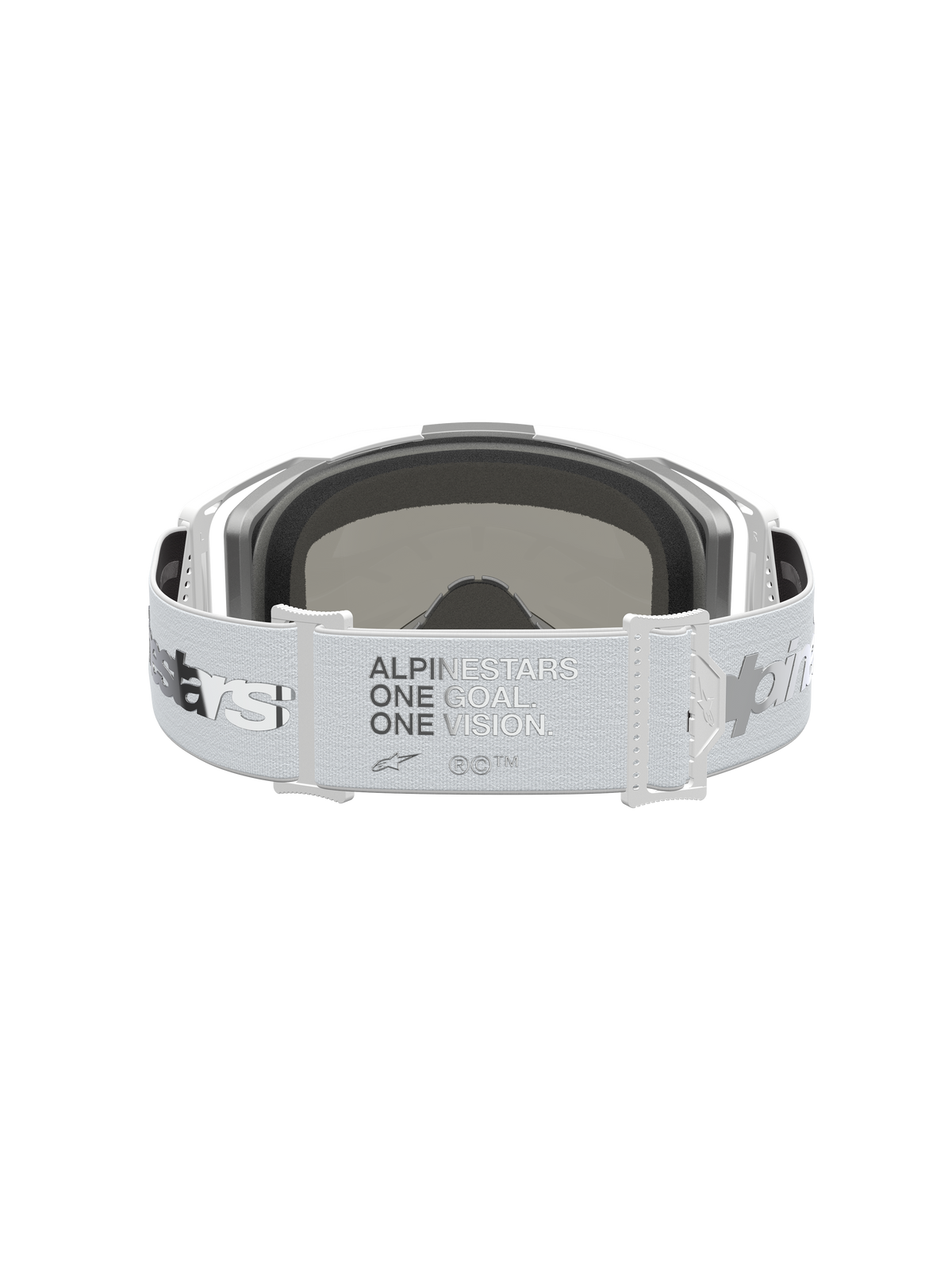 Alpinestars Vision 8 Amber Goggles, white and silver motocross eyewear with 'ONE GOAL. ONE VISION.' on the wide strap.