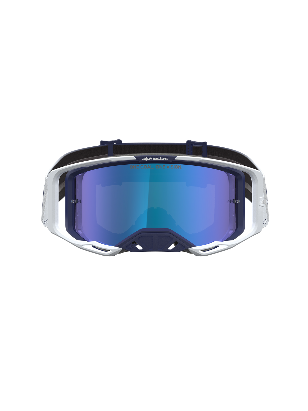 Alpinestars Vision 8 Amber Mirror Motocross Goggles, Navy and White frame, anti-fog Blue Mirror lens, and RAM-AIR vents.