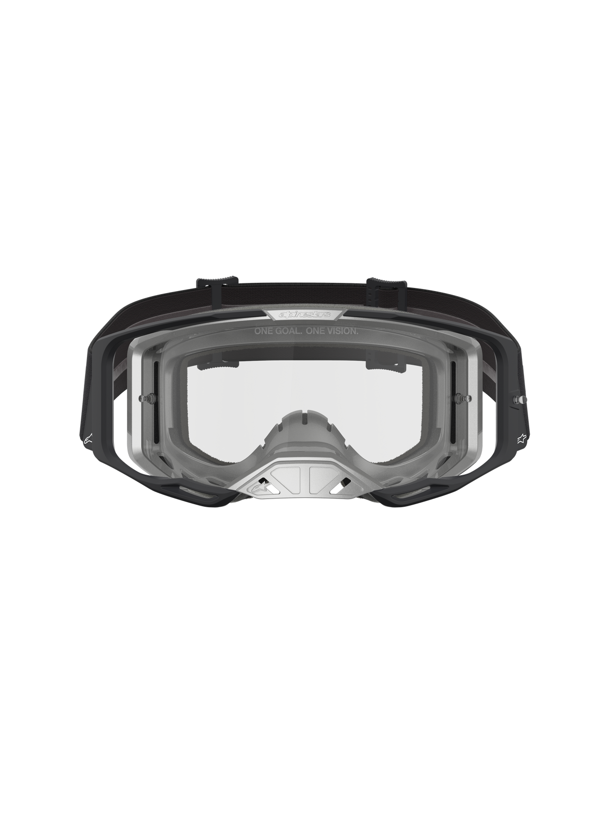 Alpinestars Vision 8 Amber Goggles, Motocross Goggles featuring a Black and Silver A-FLEX frame and clear high-impact lens.