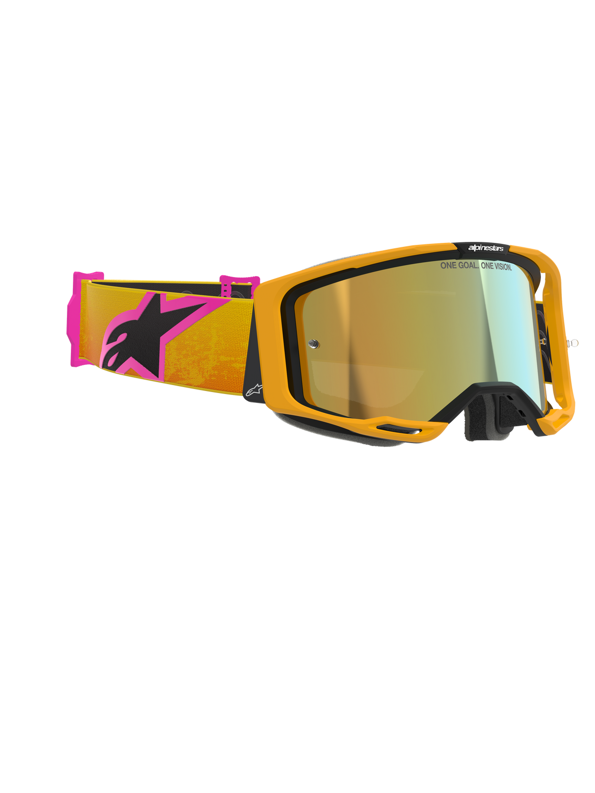 Alpinestars Vision 8 Corp Goggles, Motocross Goggles, Orange frame with Gold Mirror lens, Orange and Pink strap featuring black Alpinestars logo, high-performance design for off-road racing
