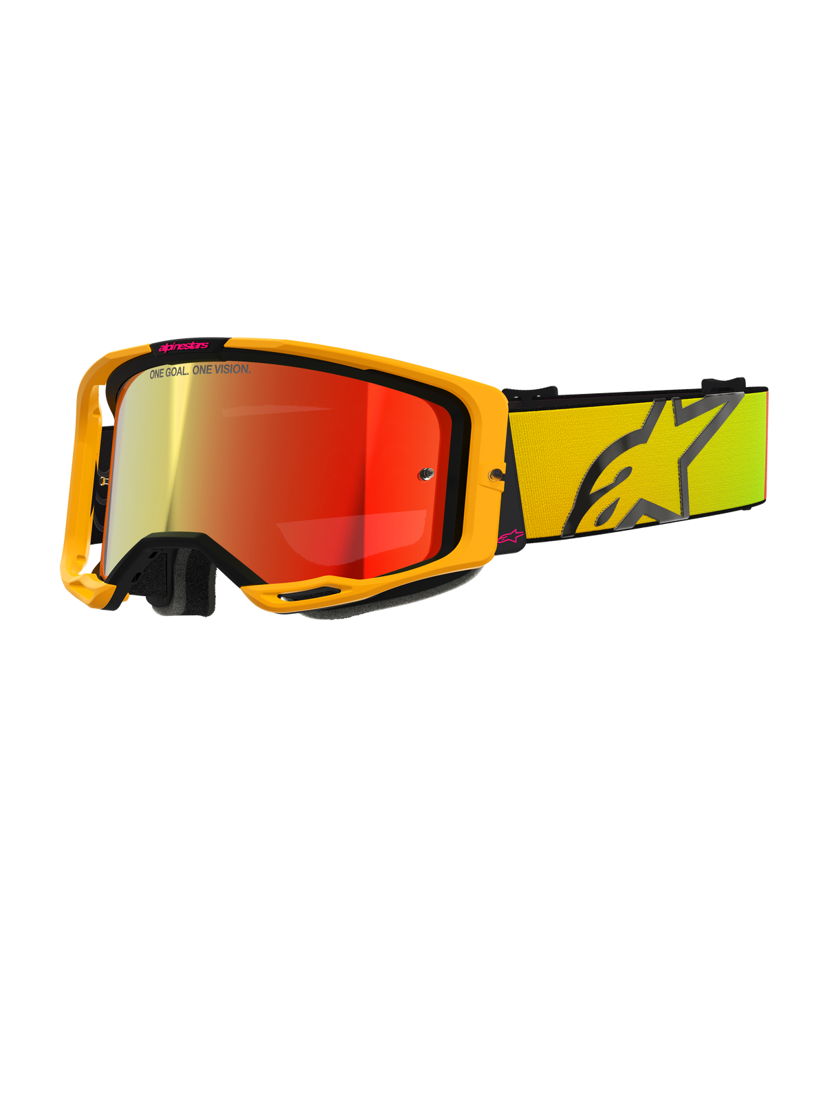 Alpinestars Vision 8 Corp Goggles, Yellow and Pink Motocross Goggles, Red Mirror Reflective Lens, Wide yellow strap with large black star logo, 'ONE GOAL. ONE VISION.' branding, professional off-road racing eyewear