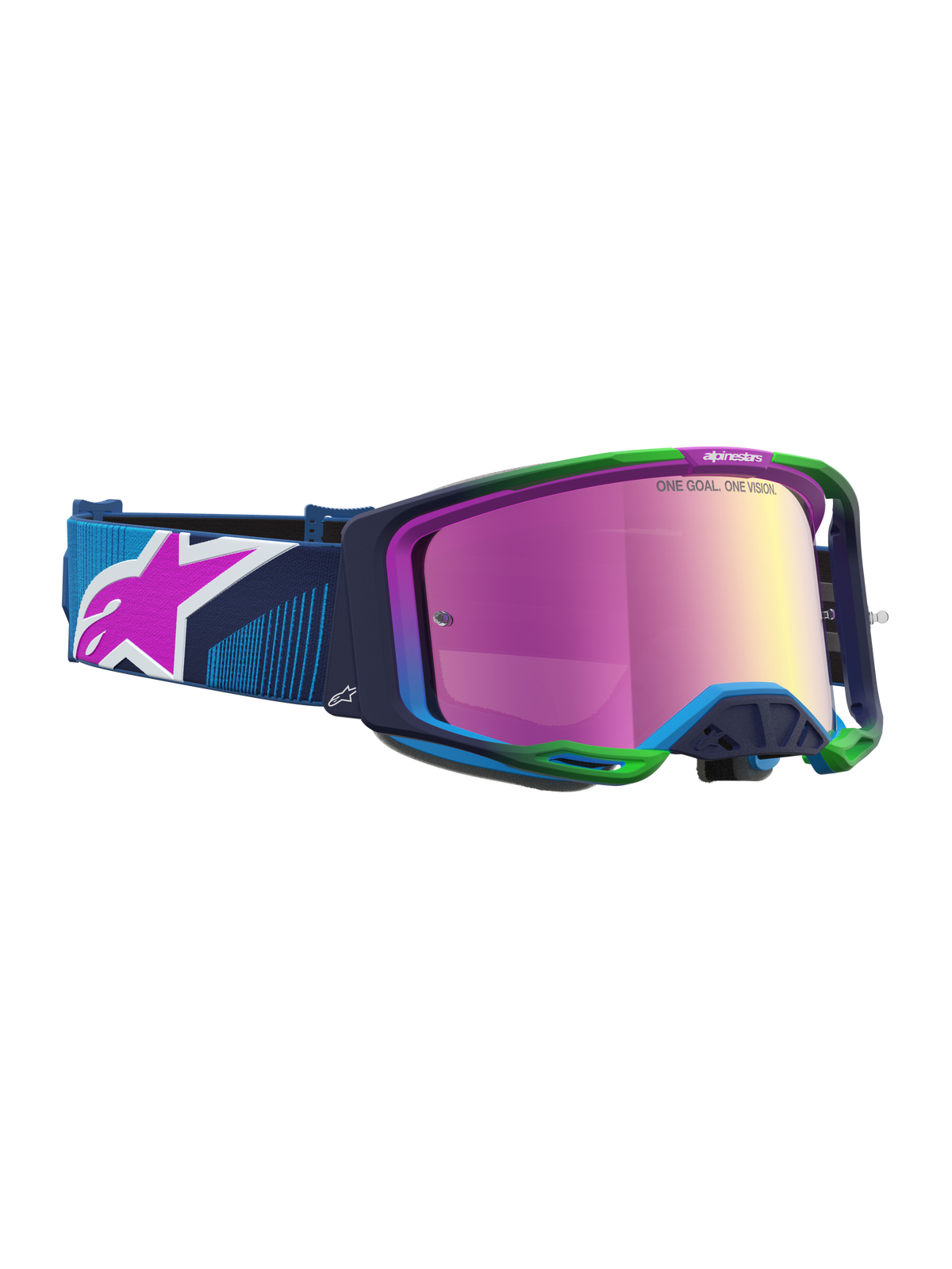 Alpinestars Vision 8 Maven Motocross Goggles, blue and green A-FLEX frame with a pink mirror lens and vented RAM-AIR design.