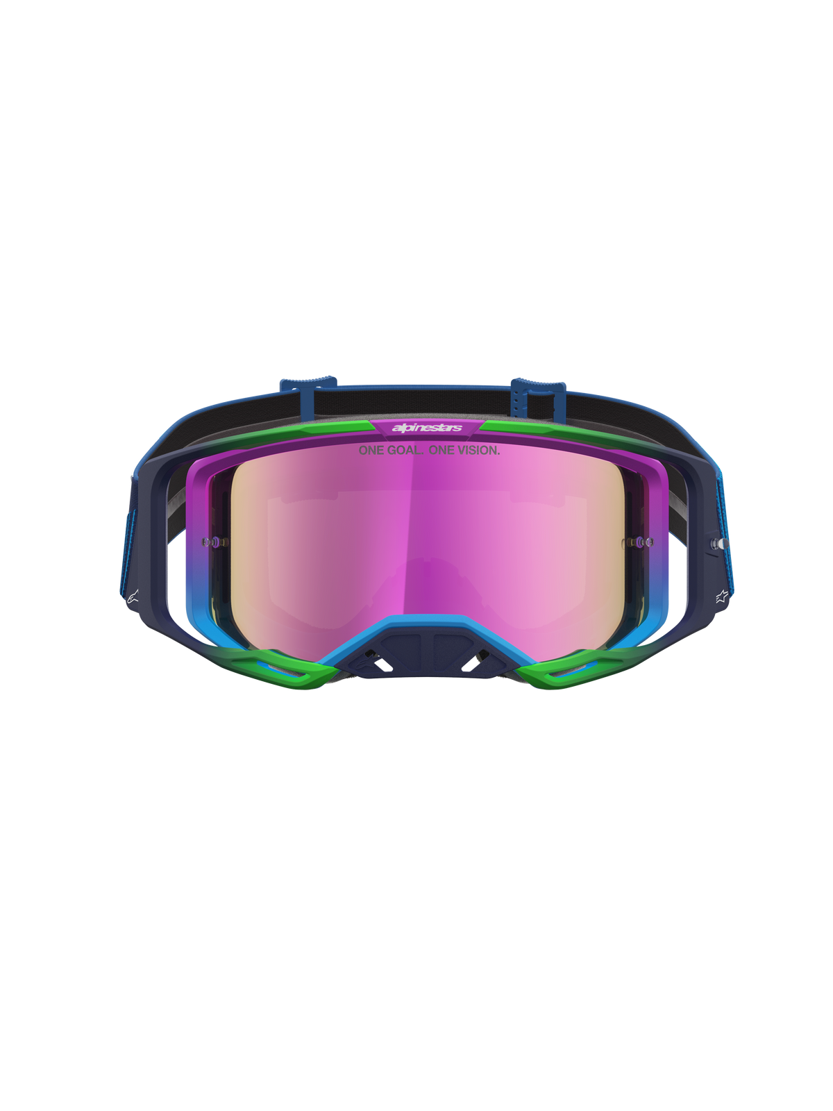 Alpinestars Vision 8 Maven Goggles, Blue and Pink Motocross Goggles with mirror lens, A-FLEX frame, and RAM-AIR ventilation.