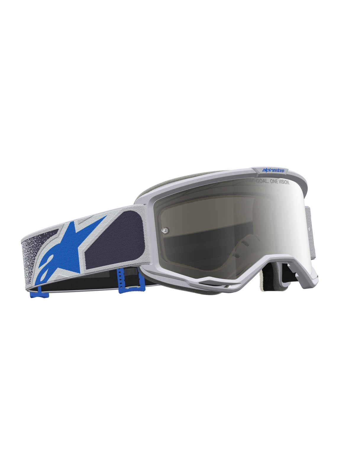 Alpinestars Vision 5 Drag Goggles for Motocross, Light Lilac and Blue with Silver Mirror Lens, featuring an A-FLEX frame and wide field of vision.