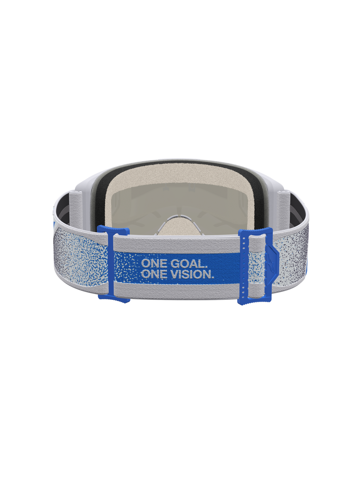 Alpinestars Vision 5 Drag Goggles, Motocross Goggles, Blue and Lilac, showing adjustable strap with 'ONE GOAL. ONE VISION.' text.