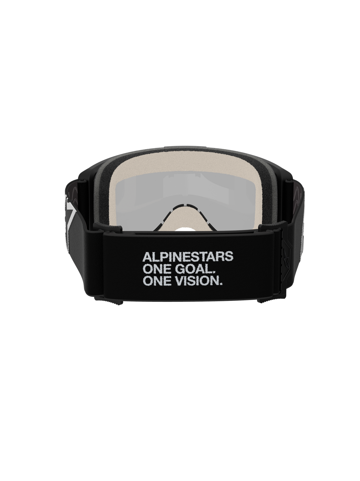Alpinestars Vision 5 Corp Goggles, Motocross Goggles, Rear View, featuring black woven strap with white 'ALPINESTARS ONE GOAL. ONE VISION.' slogan, 17mm multi-layer face foam, silver mirror lens visible from the interior, designed for secure fit and off-road performance