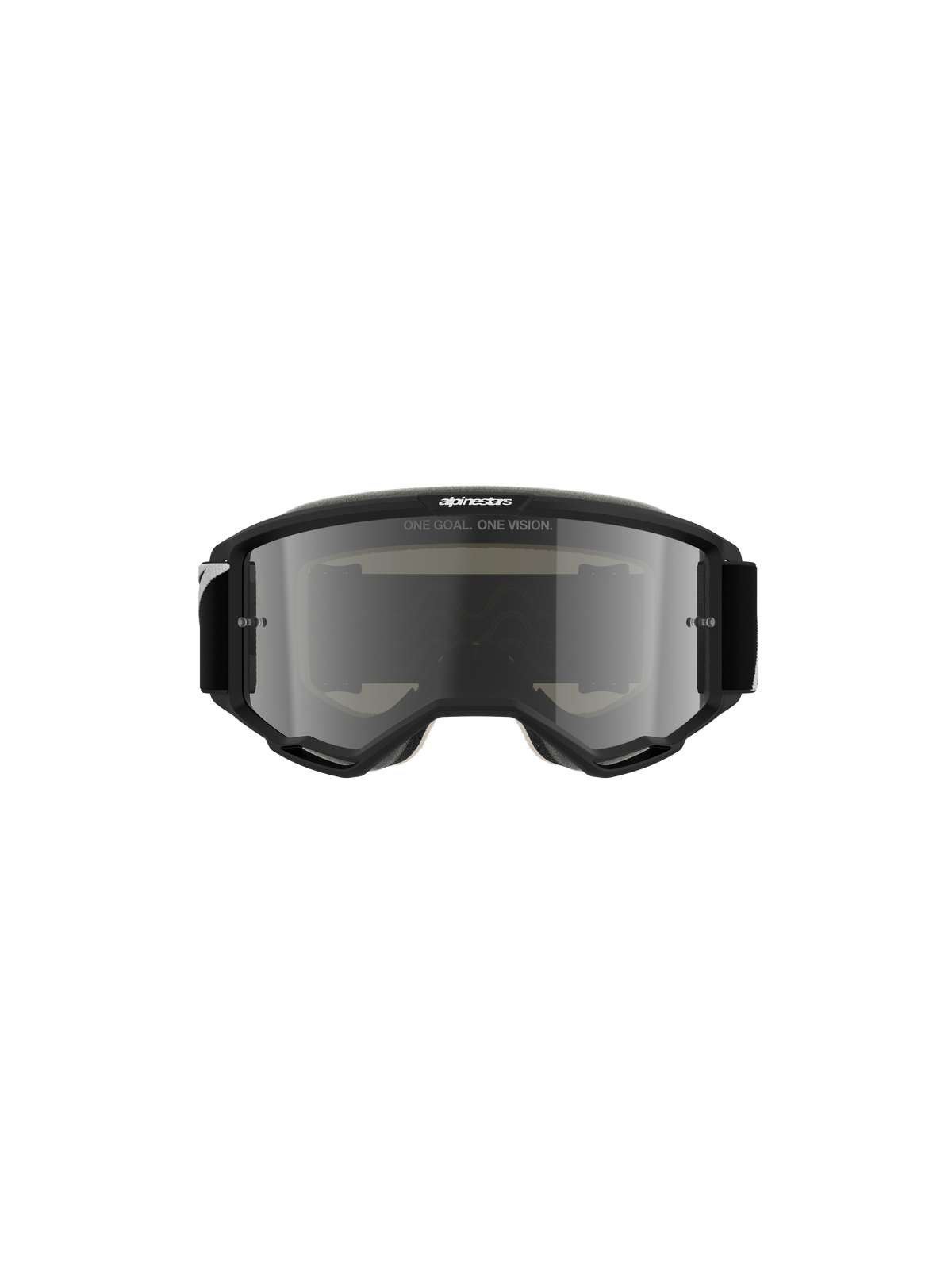 Alpinestars Vision 5 Corp Goggles, Motocross Goggles, Black with Mirror Silver lens, frontal view showing 'ONE GOAL. ONE VISION.' text and Alpinestars logo, sleek design for off-road and motocross racing