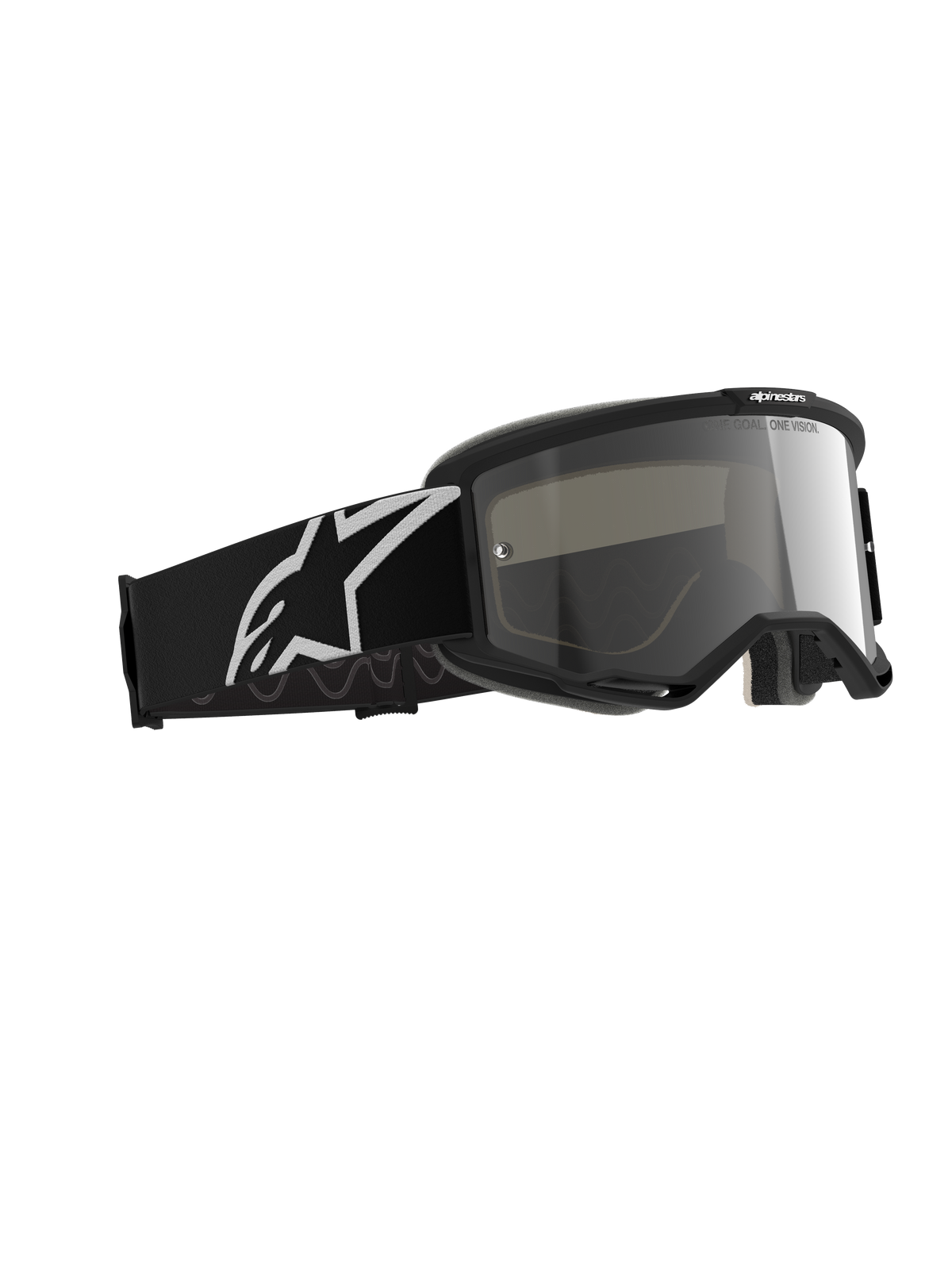 Alpinestars Vision 5 Corp Goggles, Motocross Goggles, Black Mirror Silver, black frame with a silver mirrored lens, wide black strap featuring a large white Alpinestars logo, designed for off-road performance