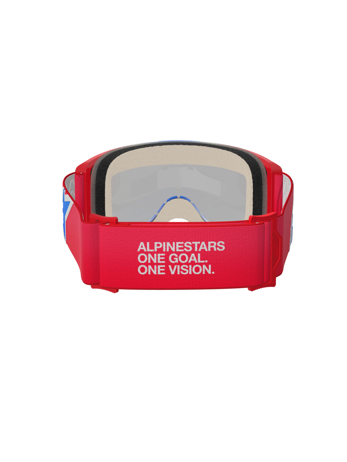 Alpinestars Vision 5 Corp Goggles, Motocross Goggles, Red and White, rear view showing wide strap with 'Alpinestars One Goal. One Vision.' slogan, thick face foam, and red frame