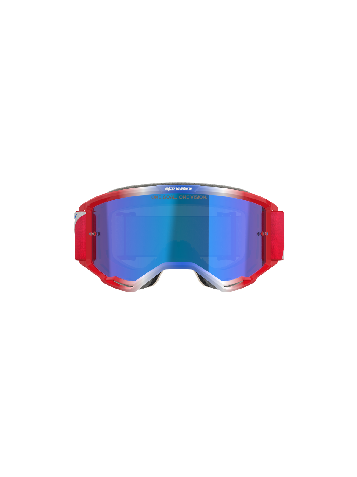 Alpinestars Vision 5 Corp Goggles, Motocross Goggles, Red and White frame with Blue Mirror lens, featuring red strap and 'ONE GOAL... ONE VISION' text on the lens, front view
