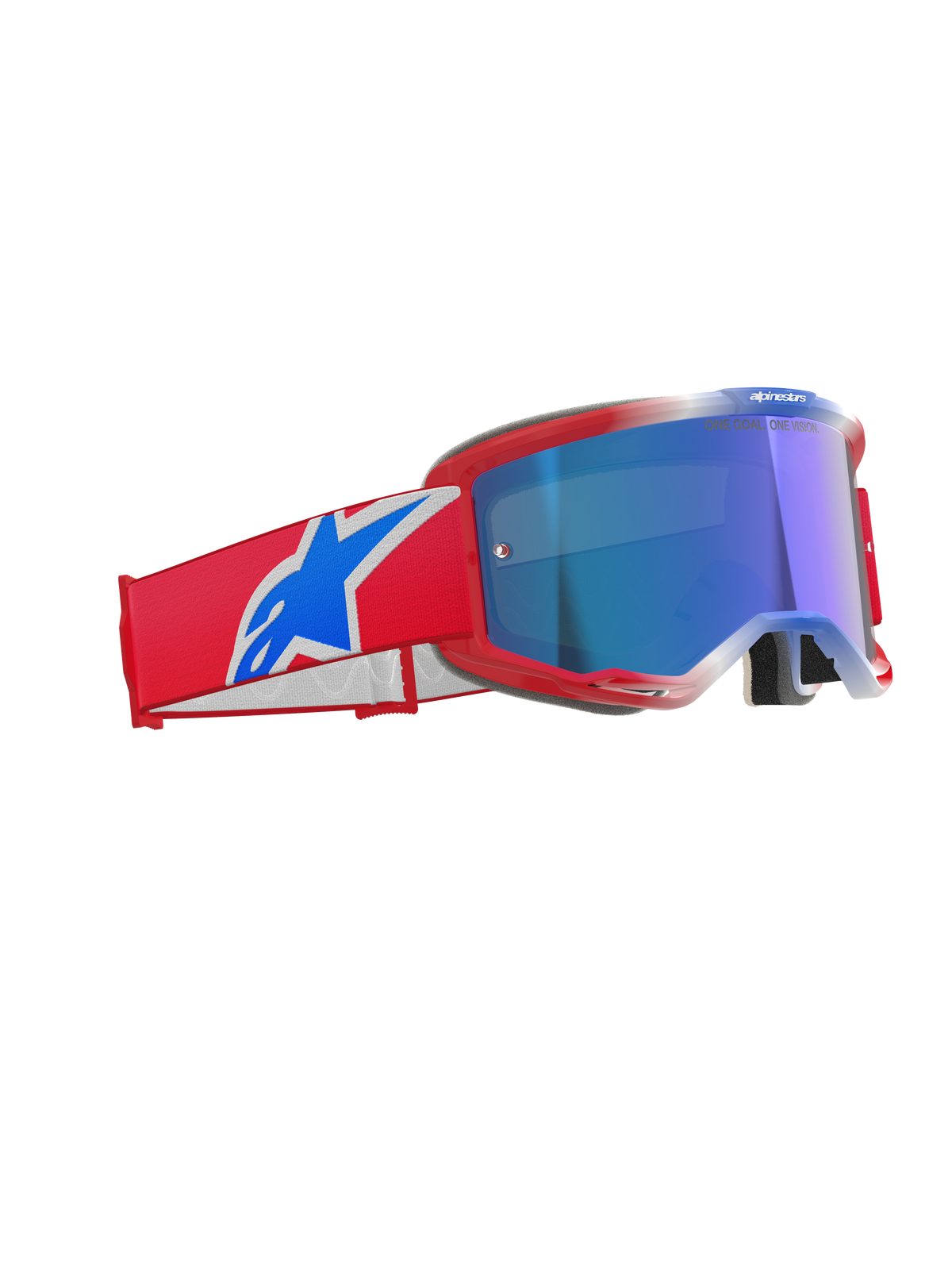 Alpinestars Vision 5 Corp Goggles, Motocross Goggles, Red White and Blue with Blue Mirror Lens, red frame with sleek ventilation, wide red strap with bold blue and white logo, professional eyewear for off-road and motocross racing