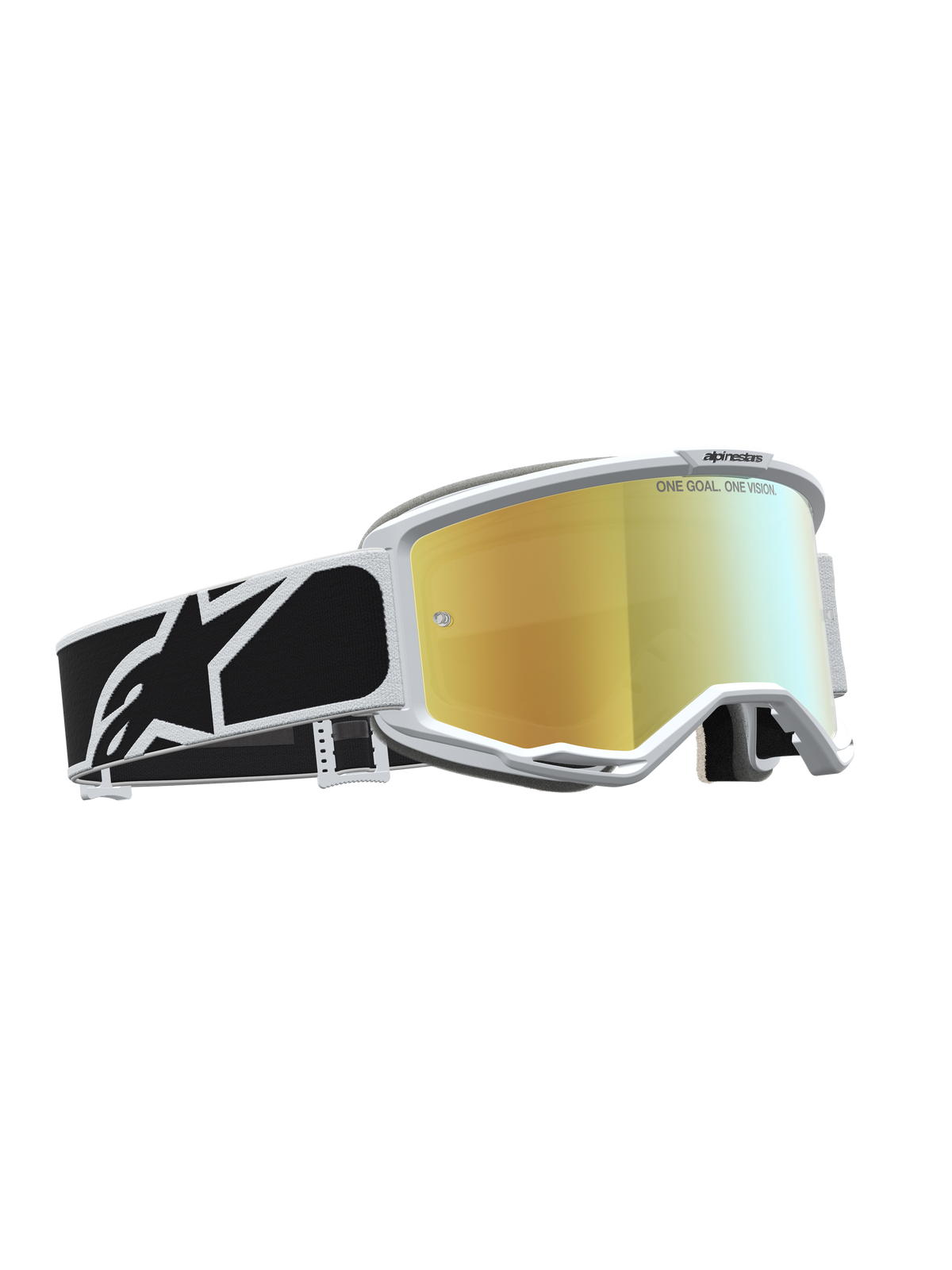 Alpinestars Vision 5 Rora Goggles, Motocross goggles with mirror gold lens, white frame, and black graphic strap.