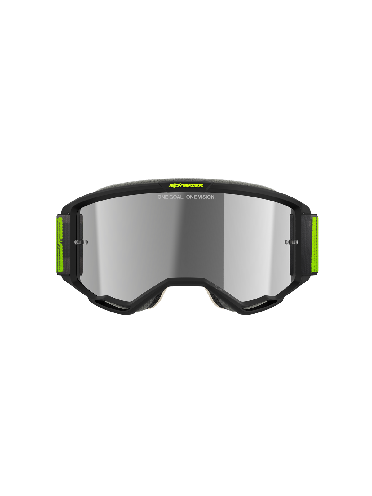Alpinestars Vision 5 Hollow Goggles, Motocross Goggles, Charcoal and Yellow Fluo, Silver Mirror Lens, sleek charcoal frame with bright yellow accents and wide woven strap, high-performance eye protection for off-road racing