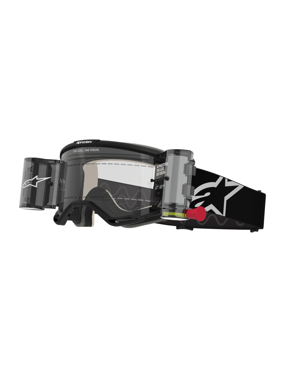 Alpinestars Vision 5 Corp Goggles Roll Off, Motocross Goggles, Black and White, clear lens with integrated Wide Vision roll-off system, red pull tab, black strap with white star logo, ONE GOAL ONE VISION branding