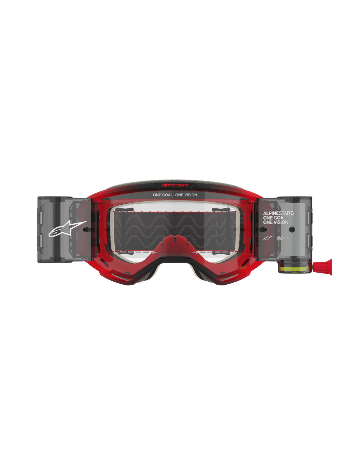 Alpinestars Vision 5 Blaze Goggles Roll Off, Motocross Goggles, Red frame with clear lens, featuring integrated Wide Vision Roll-Off system with side canisters, 'ONE GOAL. ONE VISION.' branding on the frame and lens, professional off-road eye protection.