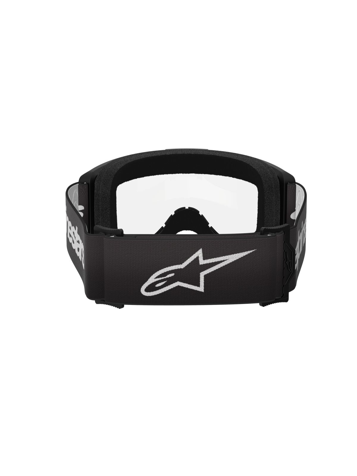 Alpinestars Vision 3 Wordmark Goggles, Motocross Goggles, Black and Clear, rear view featuring a wide black strap with a white Alpinestars star logo and wordmark, thick black face foam, and clear lens.