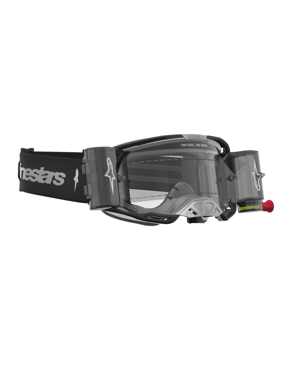 Alpinestars Vision 8 Amber Roll Off Goggles, black and silver motocross goggles with clear lens and roll-off canisters.