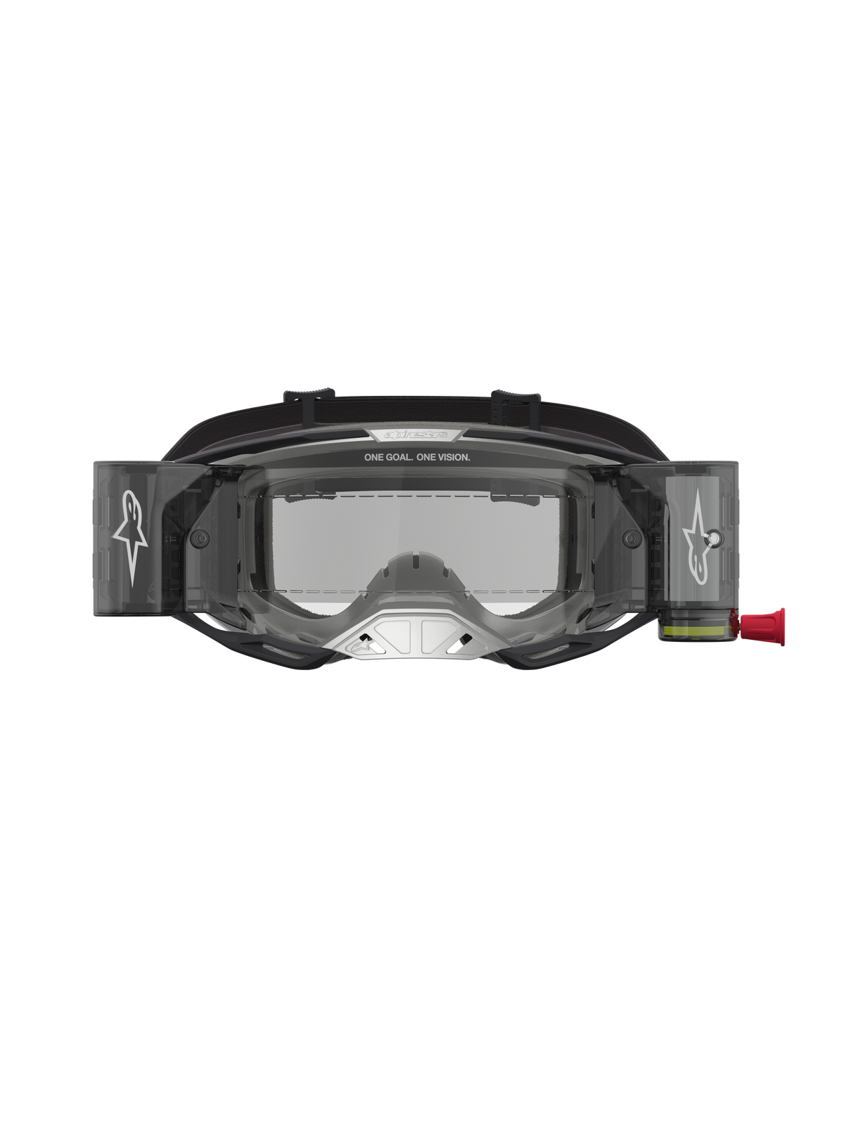 Alpinestars Vision 8 Amber Roll Off Motocross Goggles, Black and Silver frame, integrated roll-off system and clear lens.