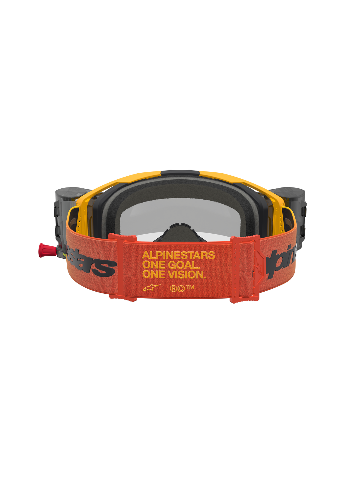 Alpinestars Vision 8 Amber Roll Off Motocross Goggles, Yellow and Red, with wide branded strap and roll-off system.
