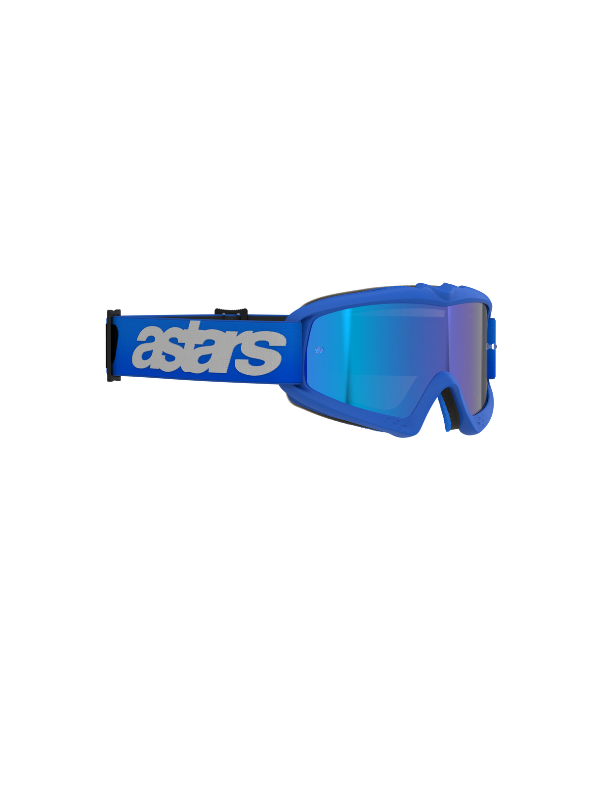 Alpinestars Vision Youth Blaze Goggles, Motocross Goggles, Blue Mirror Blue, vibrant blue frame with mirrored lens, wide blue strap featuring light gray 'astars' branding, high-performance eye protection for young off-road riders