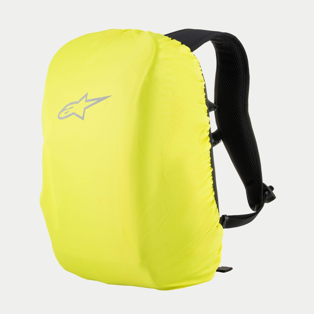 Alpinestars AMP3 Backpack, Fluorescent Yellow Rain Cover, featuring silver Alpinestars logo, black adjustable shoulder straps, waterproof protective accessory for motorcycle gear