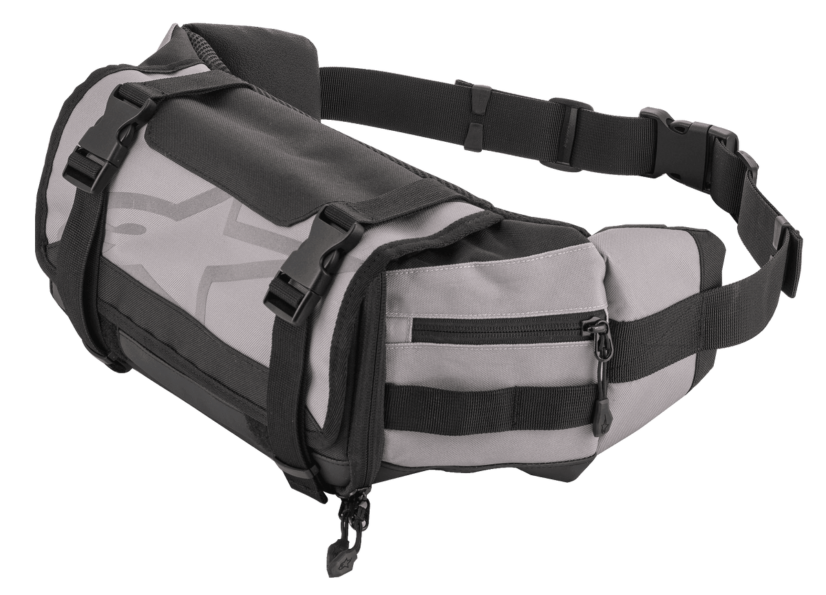 Alpinestars Tech Tool Pack, Gray and Black Enduro Waist Bag, Motorcycle Tool Storage, Adjustable Straps with Plastic Buckles, Large Star Logo, Durable Fabric Construction, Compact Design