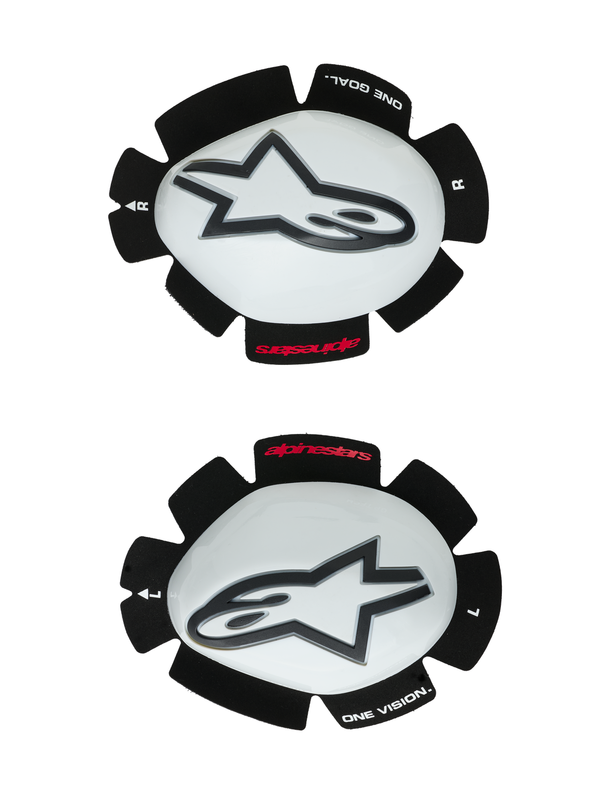 Alpinestars GP Tech Knee Sliders, Motorcycle Knee Protectors, White and Black, set of left and right sliders featuring white plastic shells with black Astar logos, hook-and-loop backing with 'ONE GOAL ONE VISION' text, high-performance racing gear