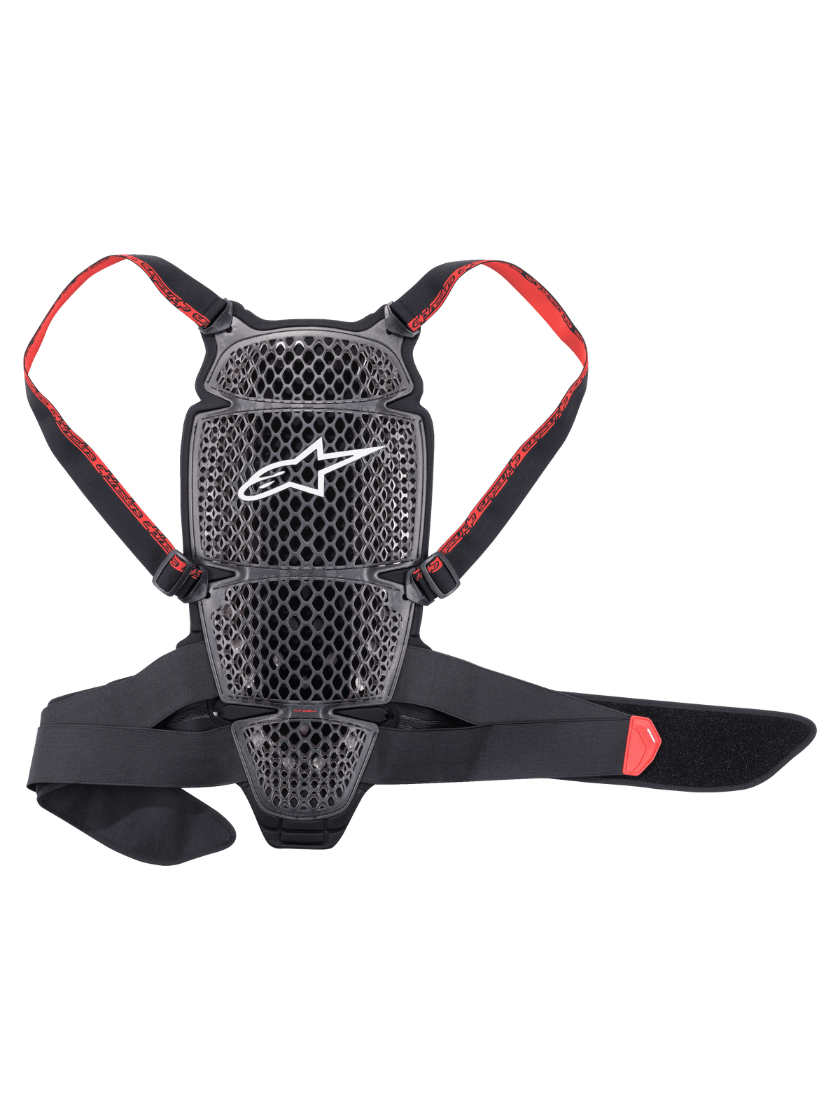 Alpinestars Nucleon KR-Cell Protector, Motorcycle Back Protector, Smoke Black and Red, featuring a perforated honeycomb grid with a white Alpinestars logo, adjustable red branded straps, and a black waist belt, ergonomic ventilated design