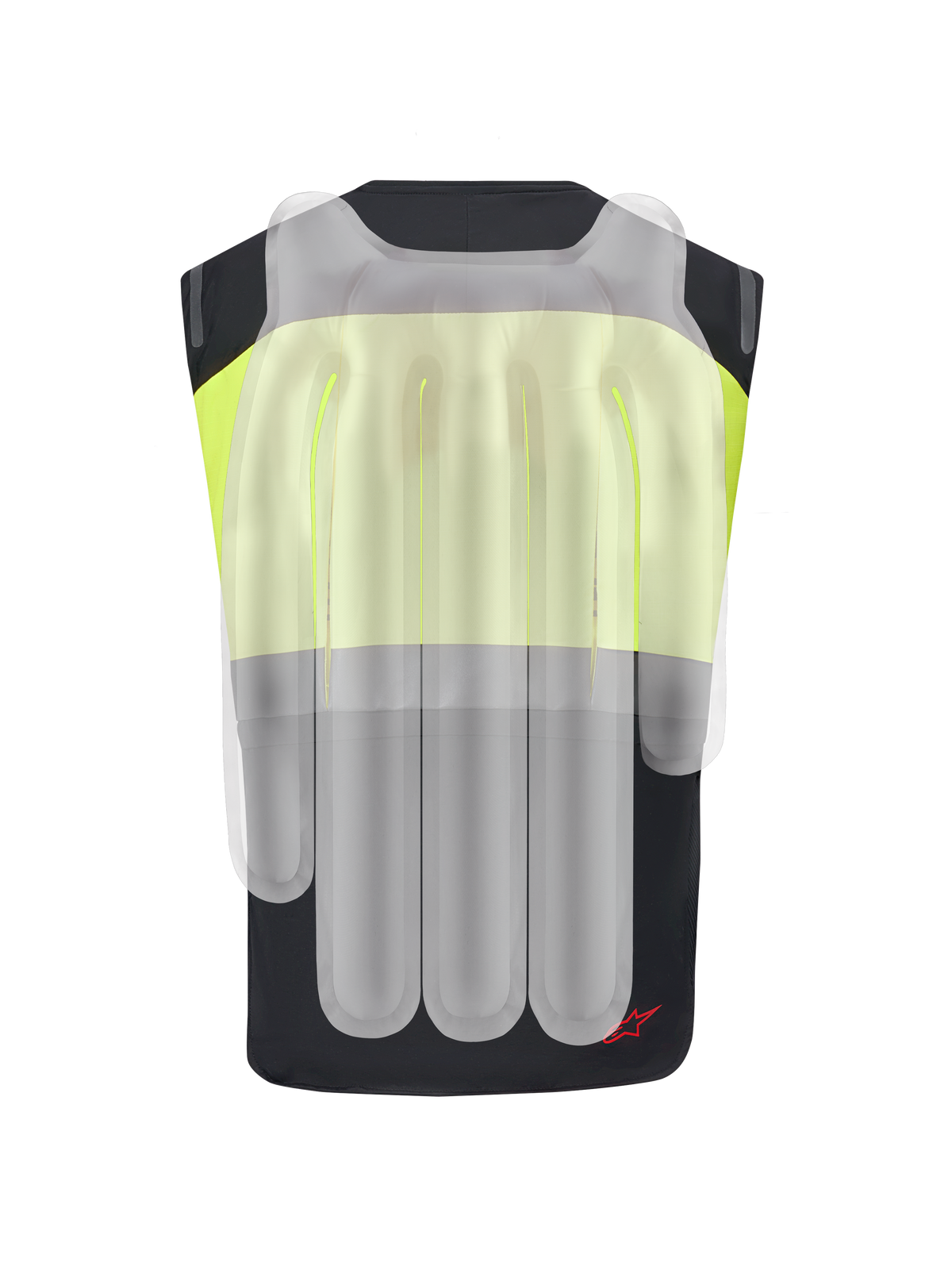 Alpinestars Tech-Air® 3 V2 System, Motorcycle Airbag Vest, Black and Yellow Fluo, back view with a translucent overlay showing the internal airbag chambers for spine and shoulder protection