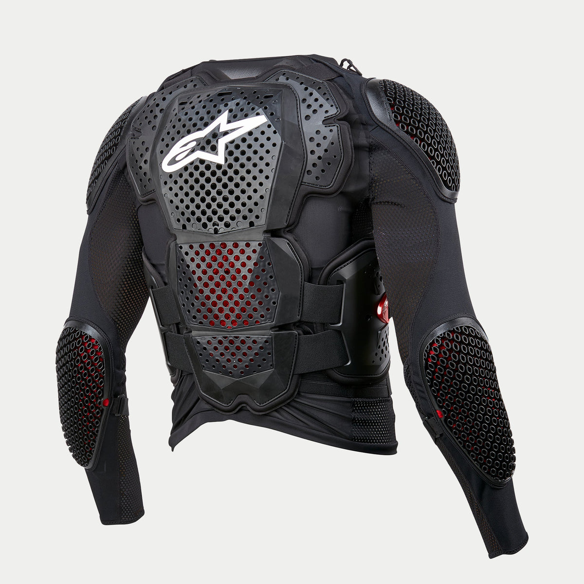 Alpinestars Bionic Tech V3 Protection Jacket, Black, rear view showing integrated back, shoulder, and elbow armor, white Alpinestars logo on perforated back plate, stretch mesh construction with red interior padding visible, adjustable V-straps for off-road protection.