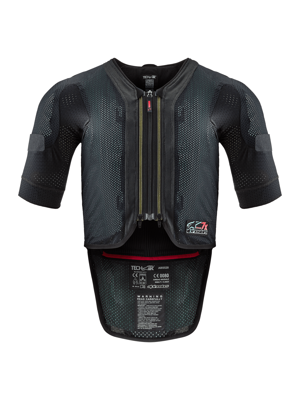 Alpinestars Tech-Air® 7X System, Motorcycle Airbag Vest, Black and Red, front view featuring a ventilated mesh chassis, center zipper with red pull, and internal certification labels, high-performance protection for track and road riding