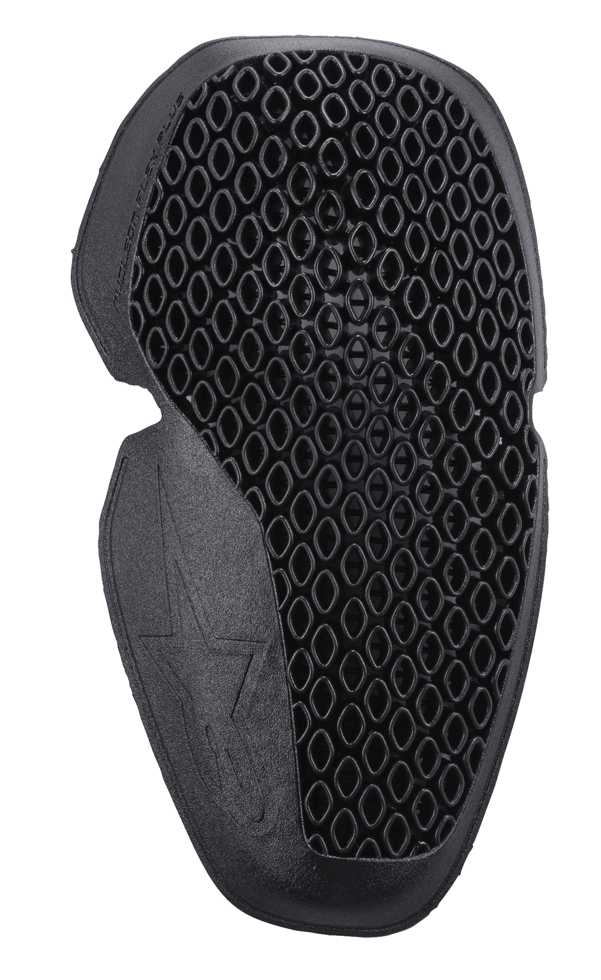Alpinestars Nucleon Flex Plus Knee Protector, Black, motorcycle knee armor insert featuring a perforated open-cell honeycomb structure, ergonomic slim profile, and flexible design with embossed star logo