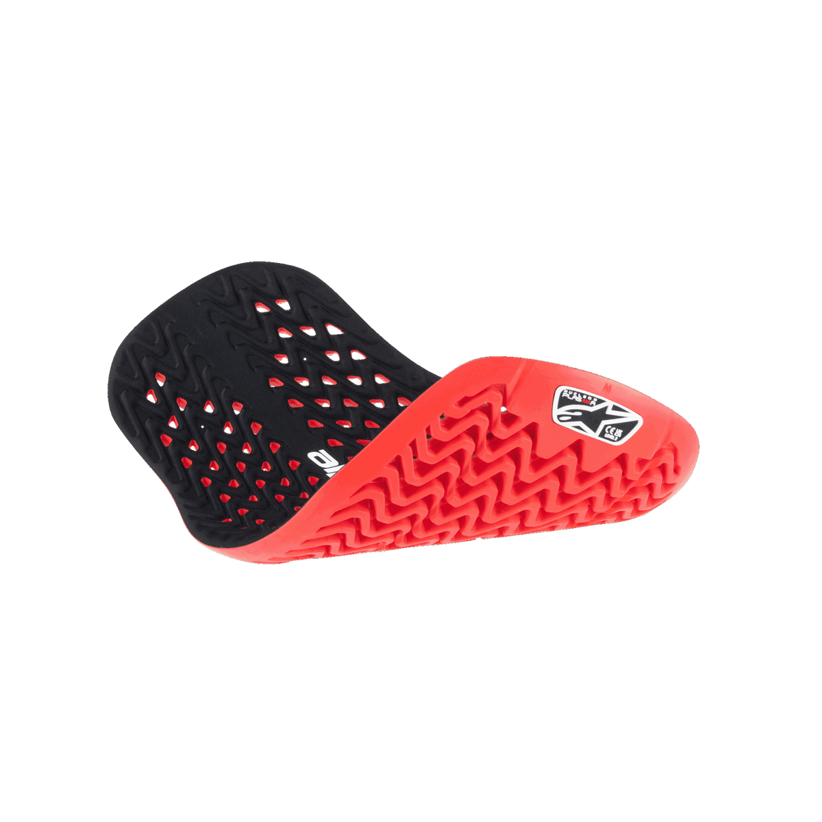Alpinestars Nucleon Plasma Back Protector Insert, Red and Black, shown in a folded position to highlight flexibility, featuring a perforated black interior and a textured red exterior with a zig-zag pattern and white Alpinestars logo, lightweight and ventilated motorcycle protection