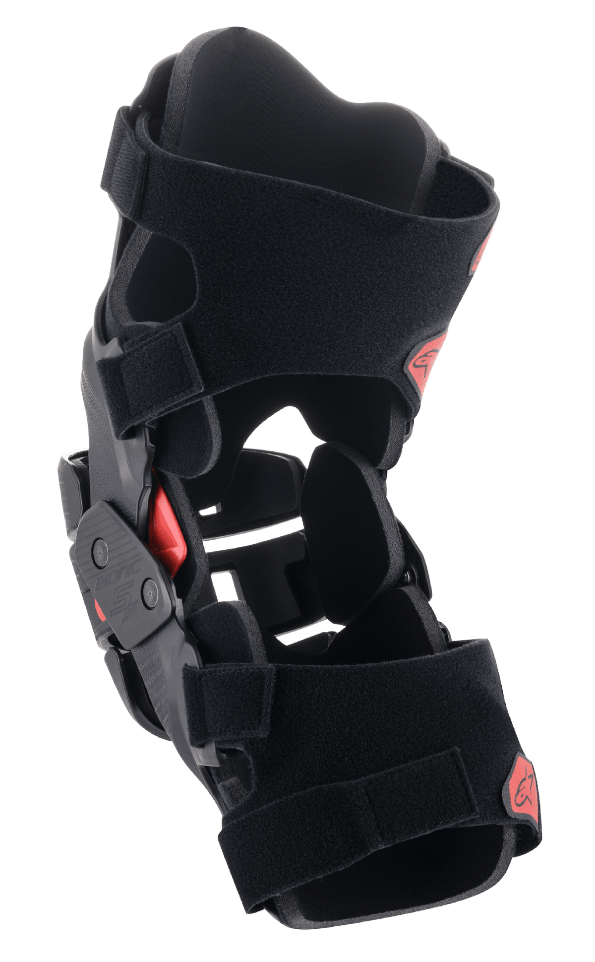 Alpinestars Youth Bionic 5S Knee Brace, Motocross Knee Protector, Black and Red, featuring a hybrid frame construction, stable four-point hinge system, and adjustable Velcro straps, protective and lightweight design for young off-road riders