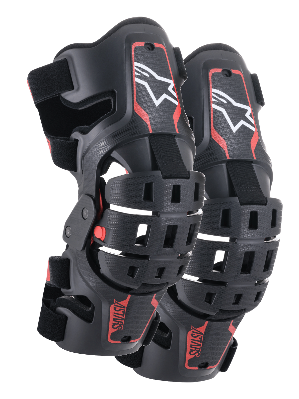 Alpinestars Youth Bionic 5S Knee Braces, Motocross Knee Protection, Black and Red, pair of protectors featuring a hybrid frame design with ventilated shells, white Astar logo on the upper section, red ASTARS branding on the lower section, and adjustable black straps for a secure fit.